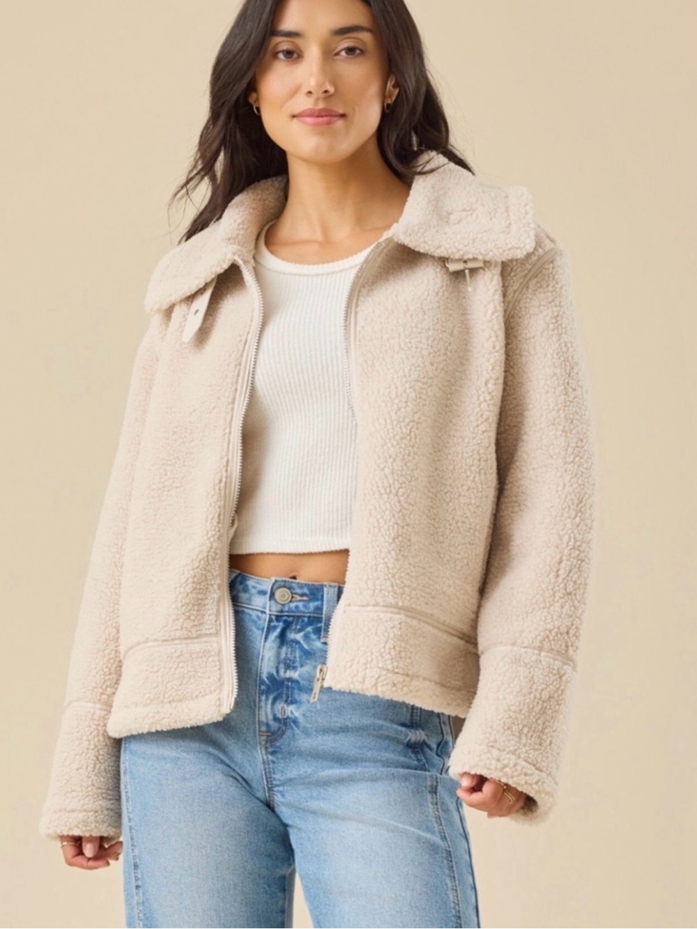 Altar'd State Ivory Teddy Sherpa Zip Jacket
